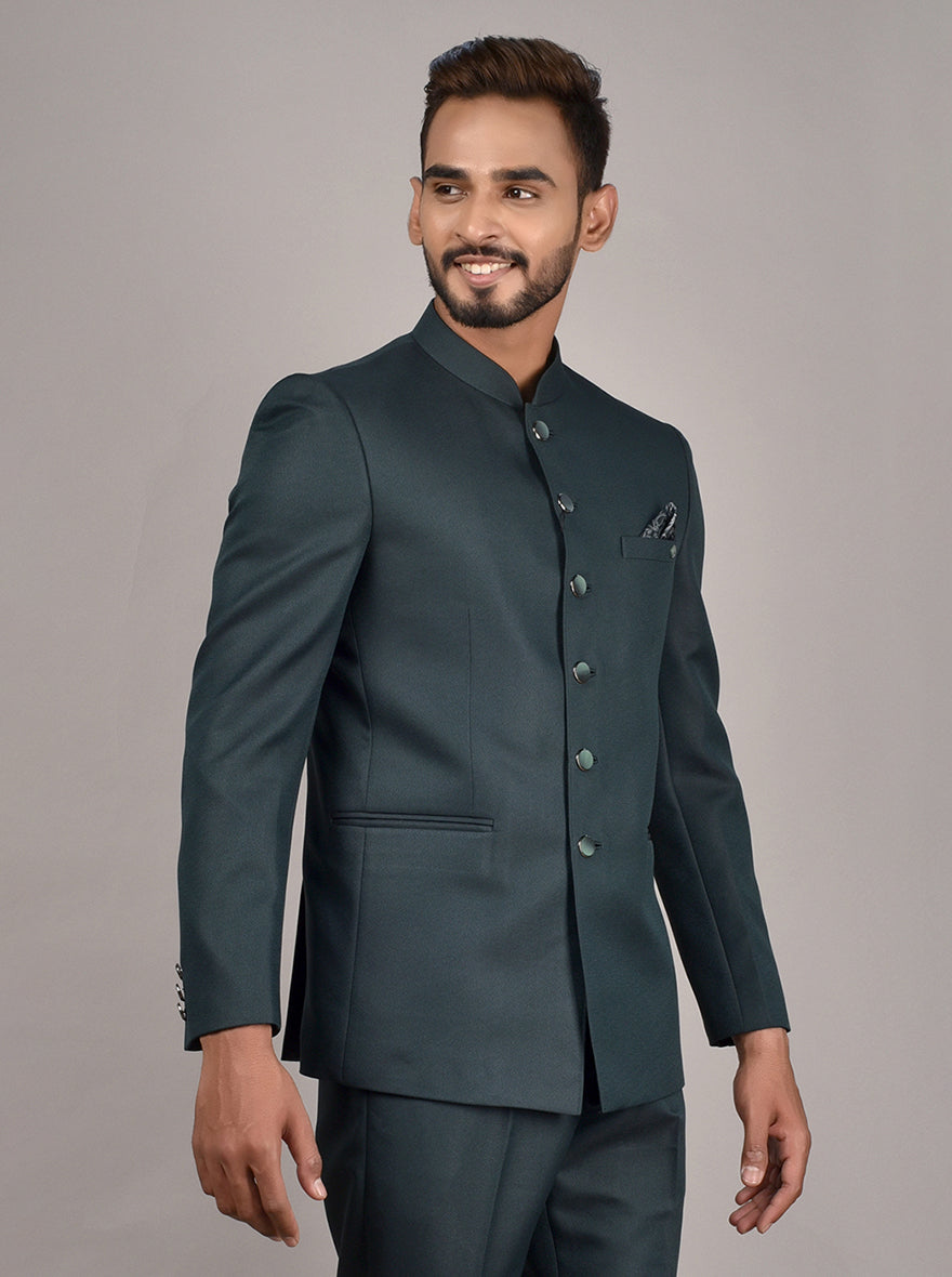 Solid Color Terry Rayon Asymmetric Jodhpuri Suit in Dark Green : MHG1937